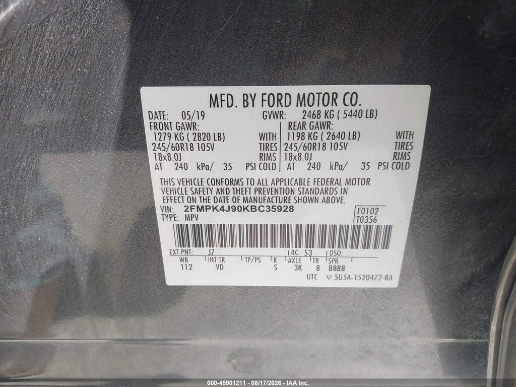 2FMPK4J90KBC35928 2019 FORD EDGE photo no. 9