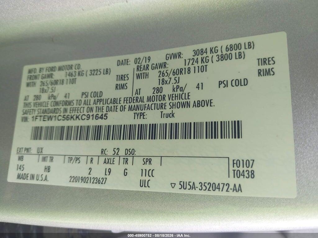 1FTEW1C56KKC91645 2019 FORD F-150 photo no. 9
