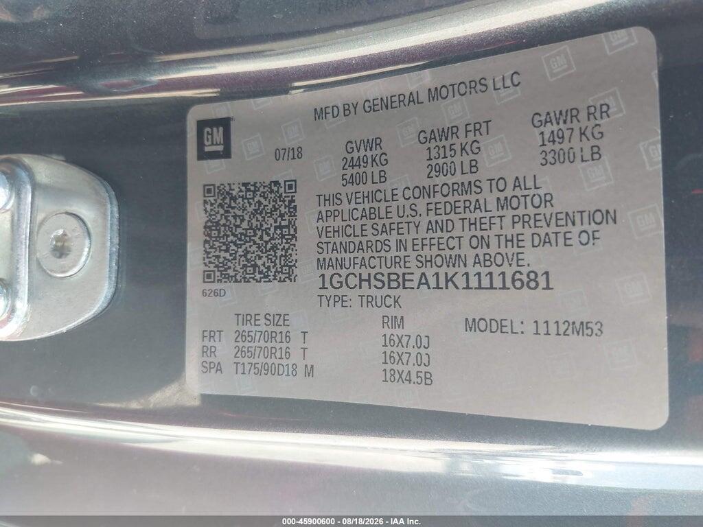 1GCHSBEA1K1111681 2019 CHEVROLET COLORADO photo no. 9
