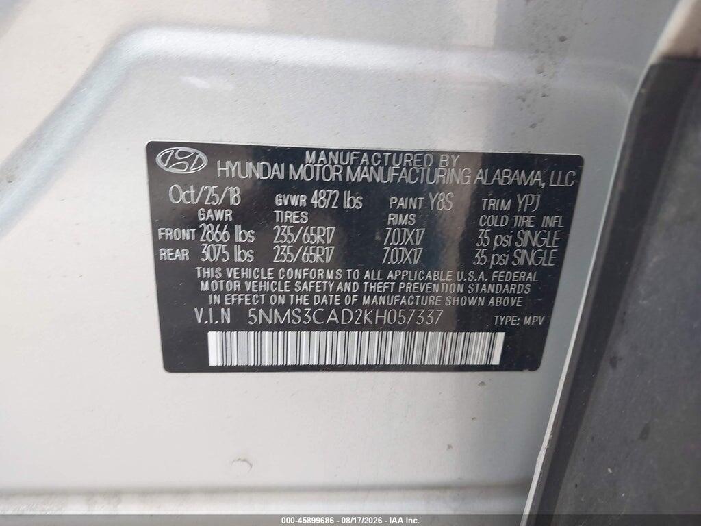 5NMS3CAD2KH057337 2019 HYUNDAI SANTA FE photo no. 9