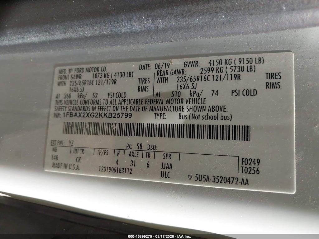 1FBAX2XG2KKB25799 2019 FORD TRANSIT-350 photo no. 9