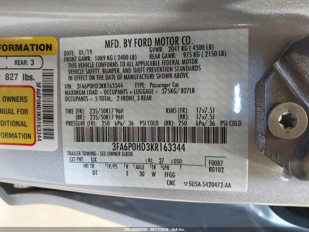 3FA6P0HD3KR163344 2019 FORD FUSION photo no. 9