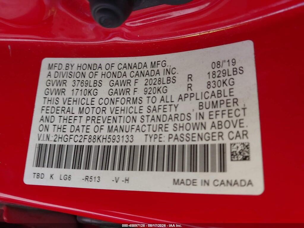 2HGFC2F88KH593133 2019 HONDA CIVIC photo no. 9