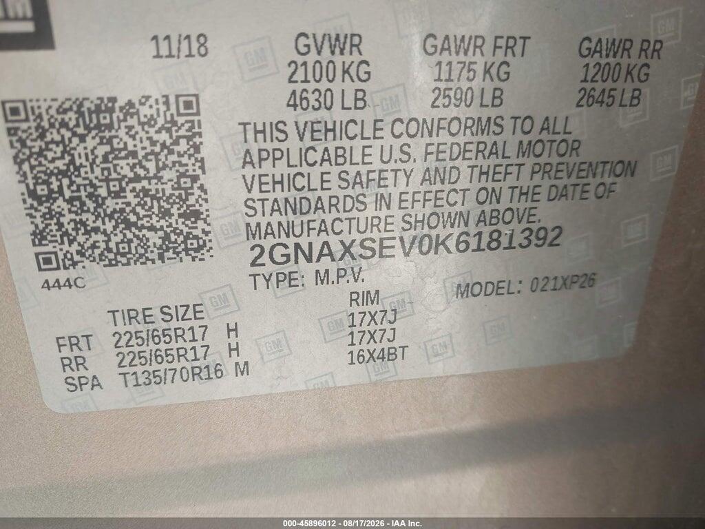 2GNAXSEV0K6181392 2019 CHEVROLET EQUINOX photo no. 9