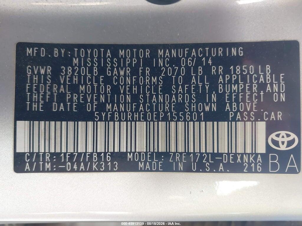 5YFBURHE0EP155601 2014 TOYOTA COROLLA photo no. 9