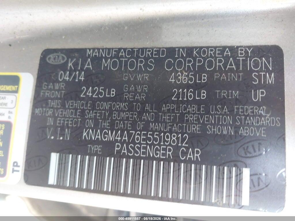 KNAGM4A76E5519812 2014 KIA OPTIMA photo no. 9