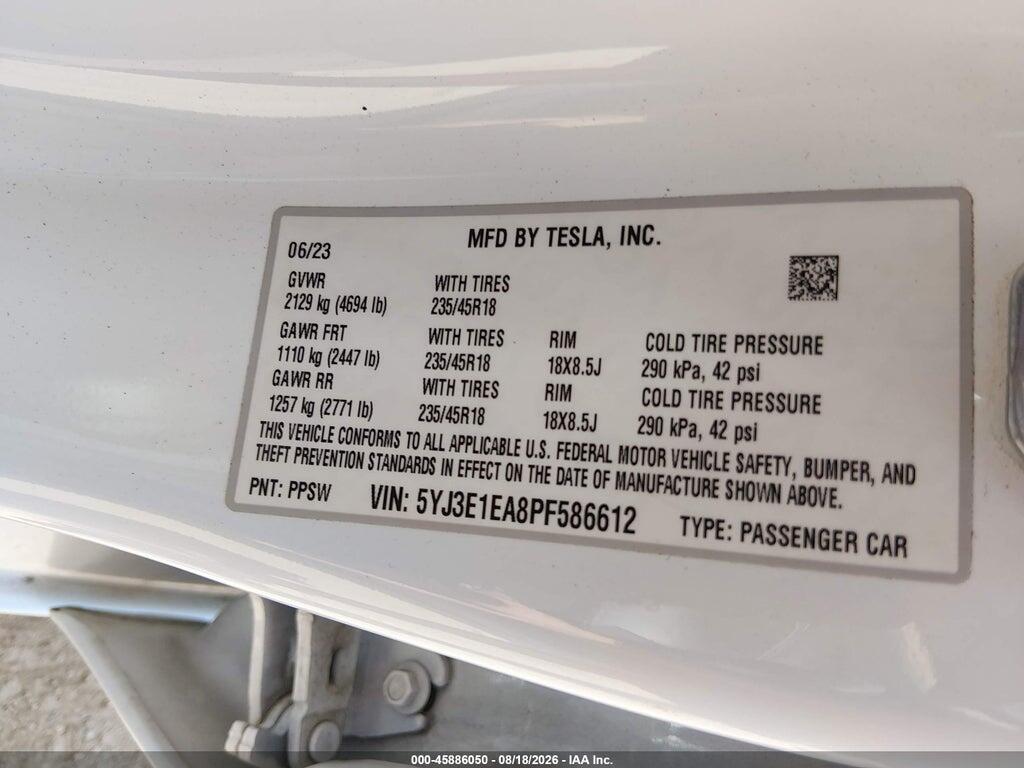 5YJ3E1EA8PF586612 2023 TESLA MODEL 3 photo no. 9