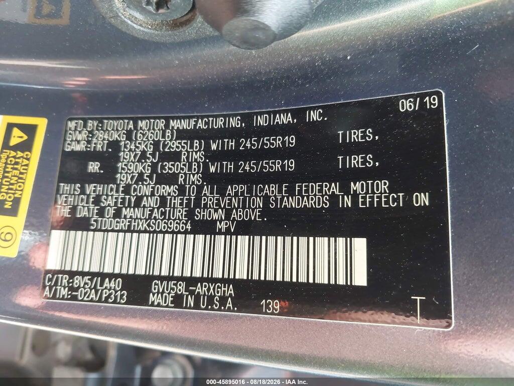 5TDDGRFHXKS069664 2019 TOYOTA HIGHLANDER HYBRID photo no. 9