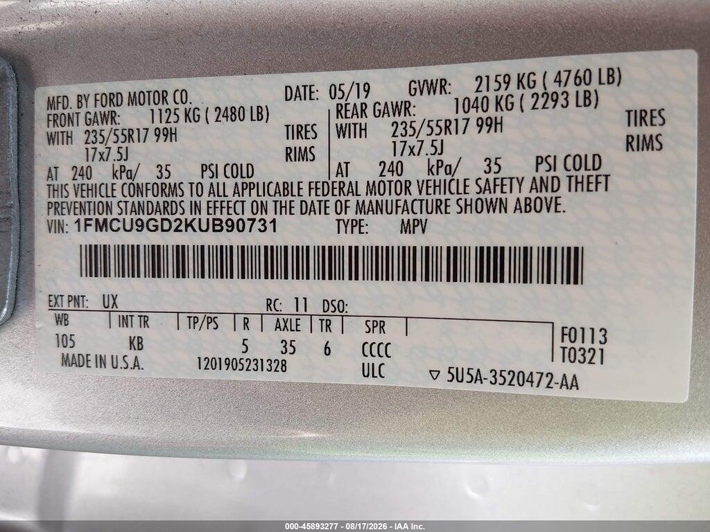 1FMTU9GD2KUB90731 2019 FORD ESCAPE photo no. 9