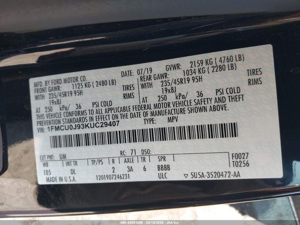 1FMCU0J93KUC29407 2019 FORD ESCAPE photo no. 9