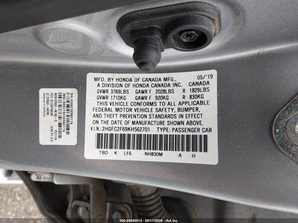 2HGFC2F69KH562701 2019 HONDA CIVIC photo no. 9