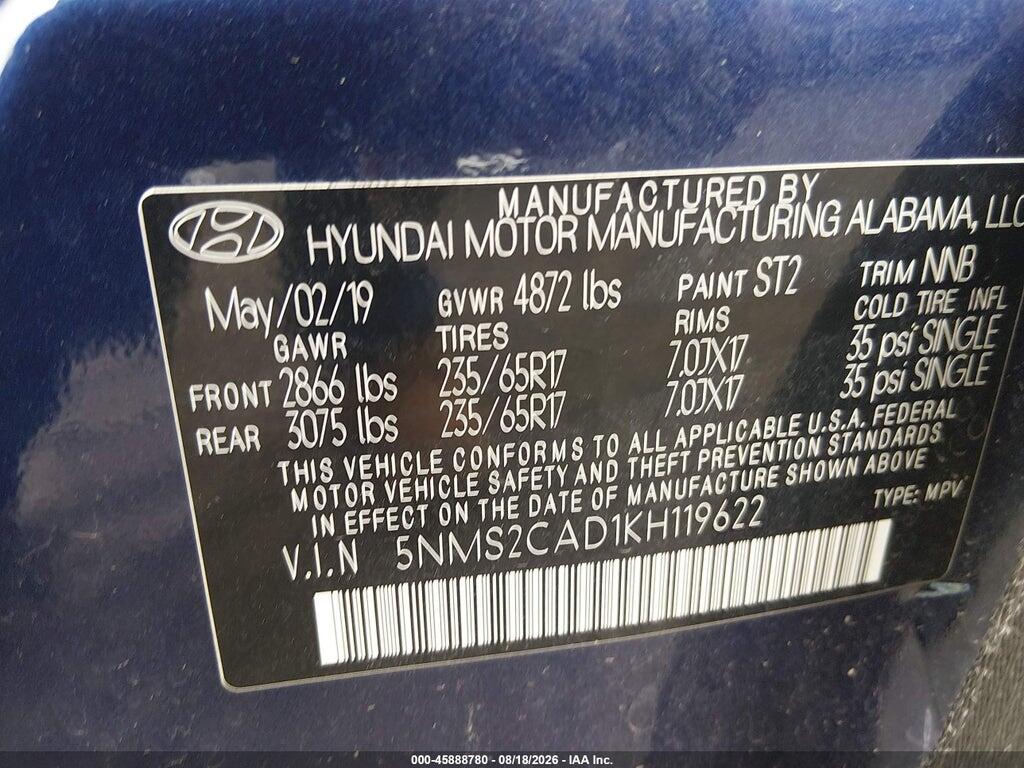 5NMS2CAD1KH119622 2019 HYUNDAI SANTA FE photo no. 9