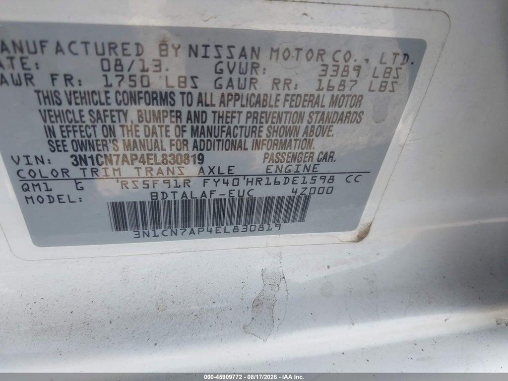 3N1CN7AP4EL830819 2014 NISSAN VERSA photo no. 9
