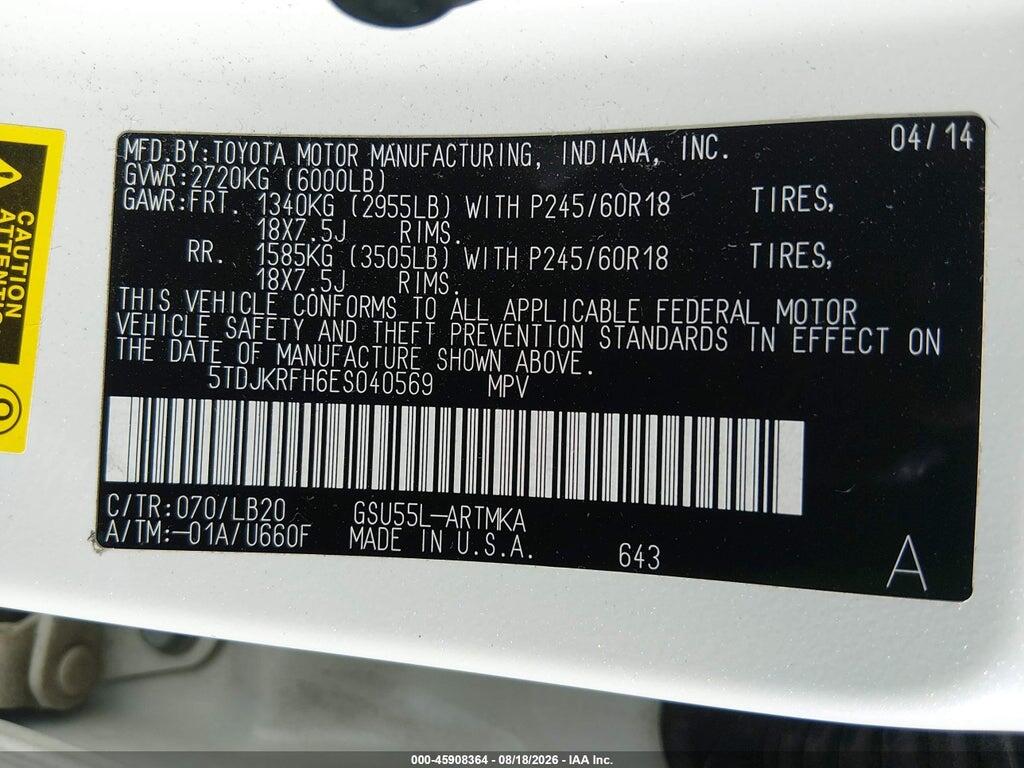 5TDJKRFH6ES040569 2014 TOYOTA HIGHLANDER photo no. 9