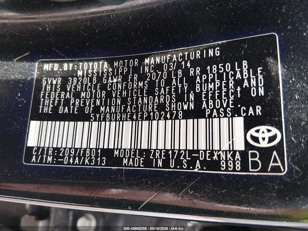 5YFBURHE4EP102478 2014 TOYOTA COROLLA photo no. 9