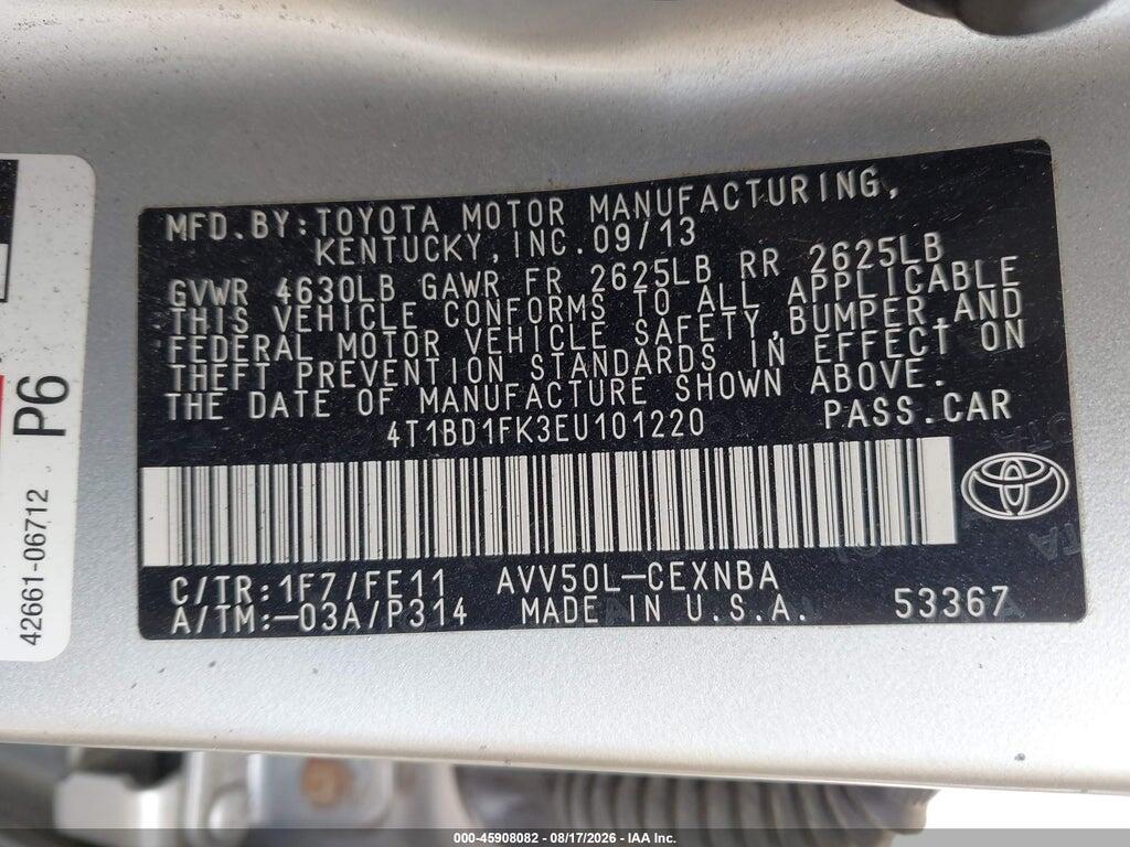 4T1BD1FK3EU101220 2014 TOYOTA CAMRY HYBRID photo no. 9