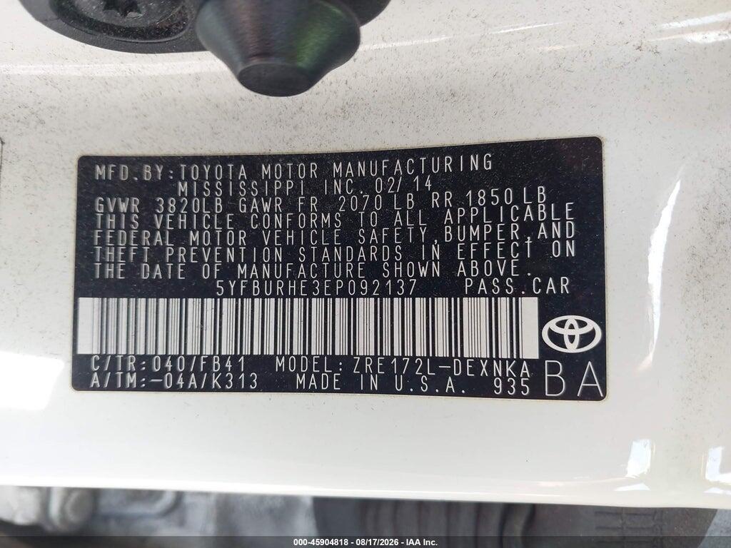 5YFBURHE3EP092137 2014 TOYOTA COROLLA photo no. 9