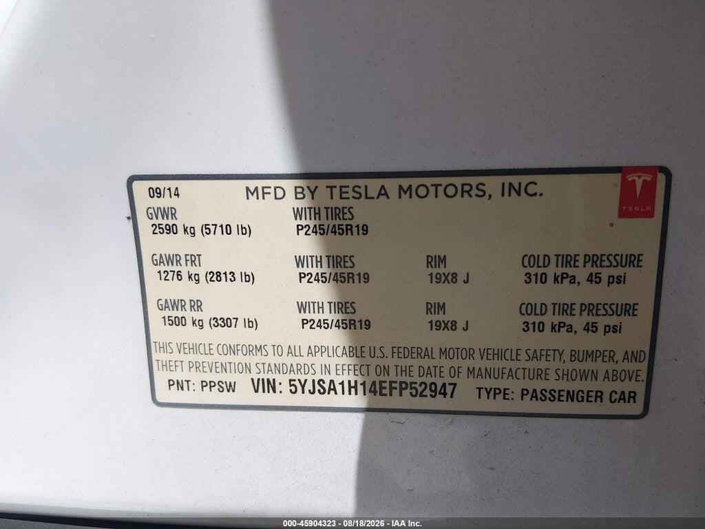 5YJSA1H14EFP52947 2014 TESLA MODEL S photo no. 9