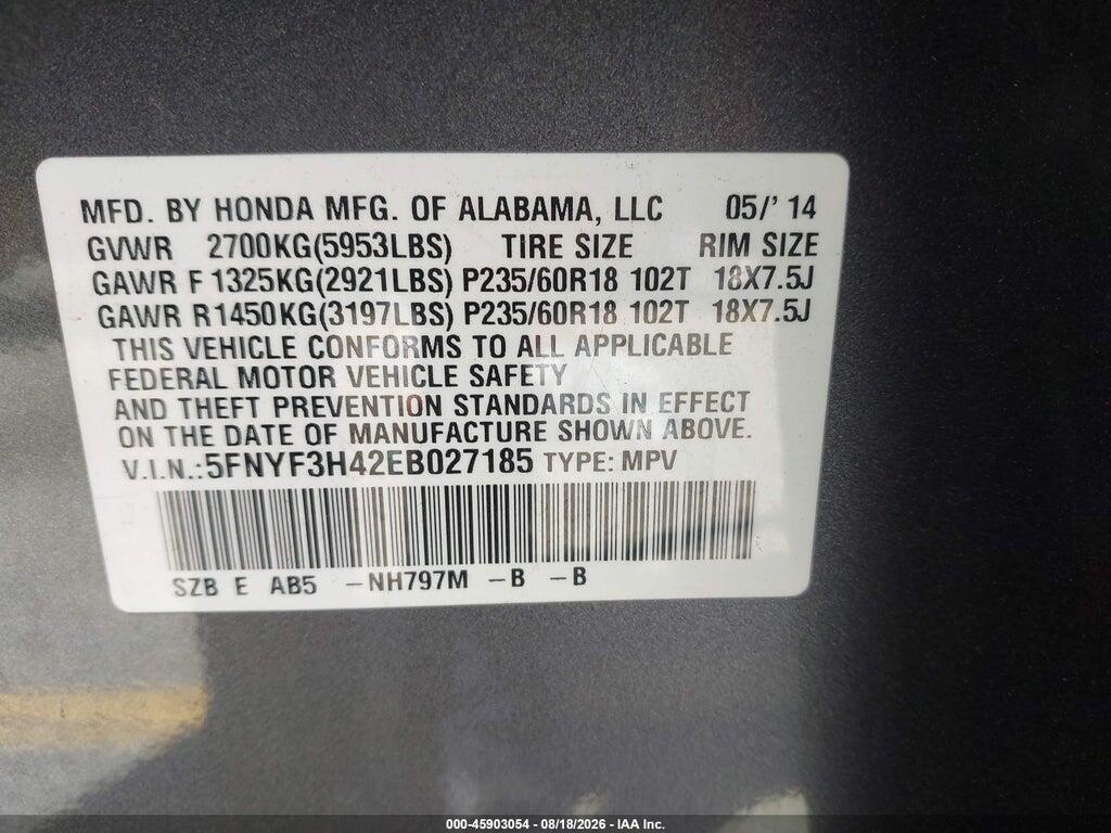 5FNYF3H42EB027185 2014 HONDA PILOT photo no. 9