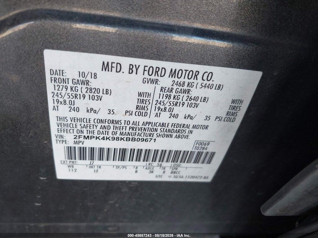 2FMPK4K98KBB09671 2019 FORD EDGE photo no. 9