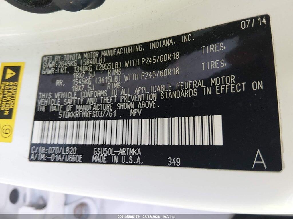 5TDKKRFHXES037761 2014 TOYOTA HIGHLANDER photo no. 9