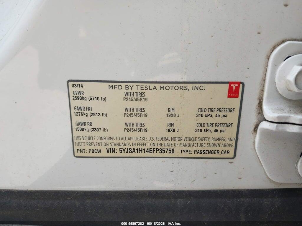 5YJSA1H14EFP35758 2014 TESLA MODEL S photo no. 9