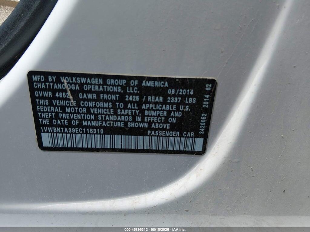 1VWBN7A39EC115310 2014 VOLKSWAGEN PASSAT photo no. 9