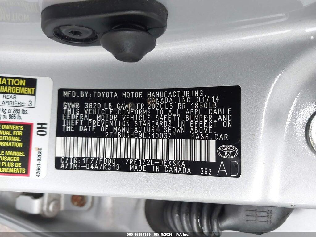 2T1BURHE9EC100371 2014 TOYOTA COROLLA photo no. 9