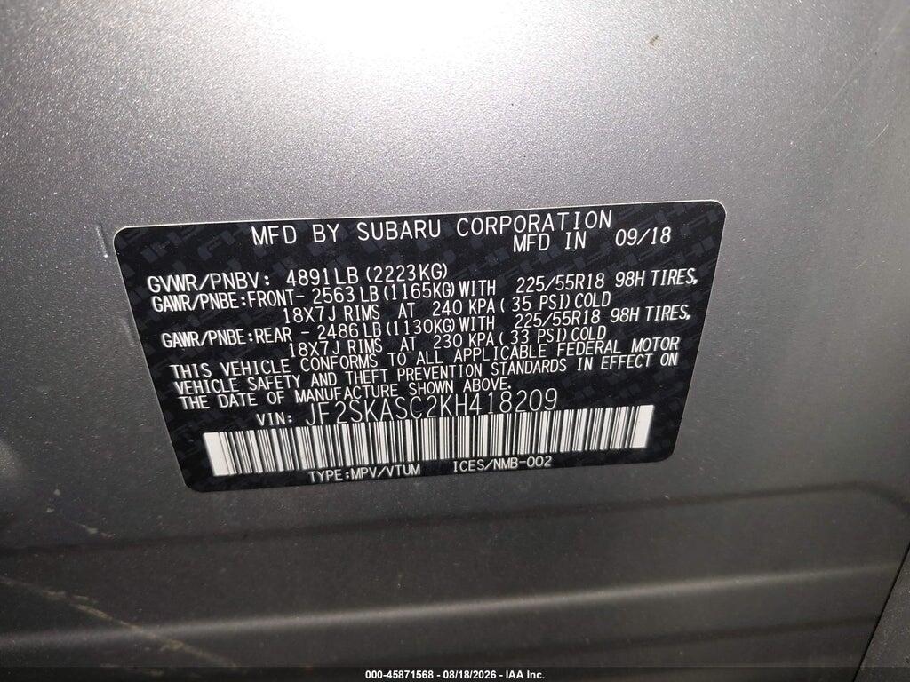 JF2SKASC2KH418209 2019 SUBARU FORESTER photo no. 9