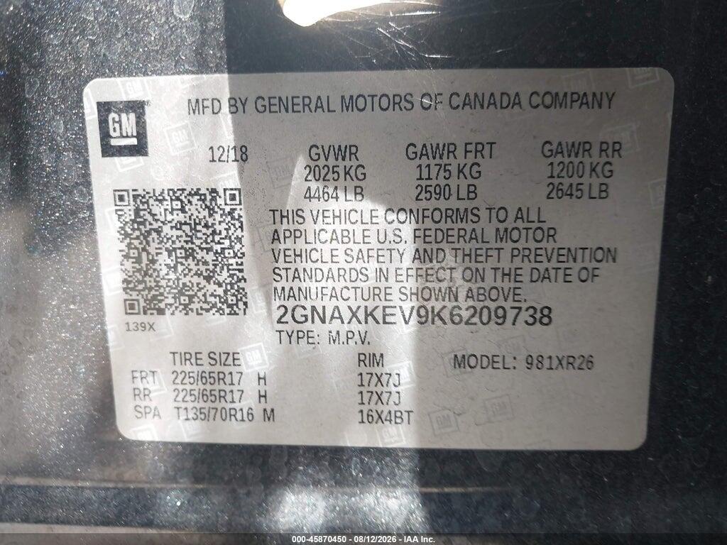 2GNAXKEV9K6209738 2019 CHEVROLET EQUINOX photo no. 9