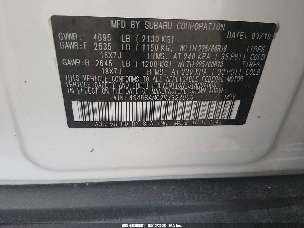 4S4BSANC2K3323006 2019 SUBARU OUTBACK photo no. 9