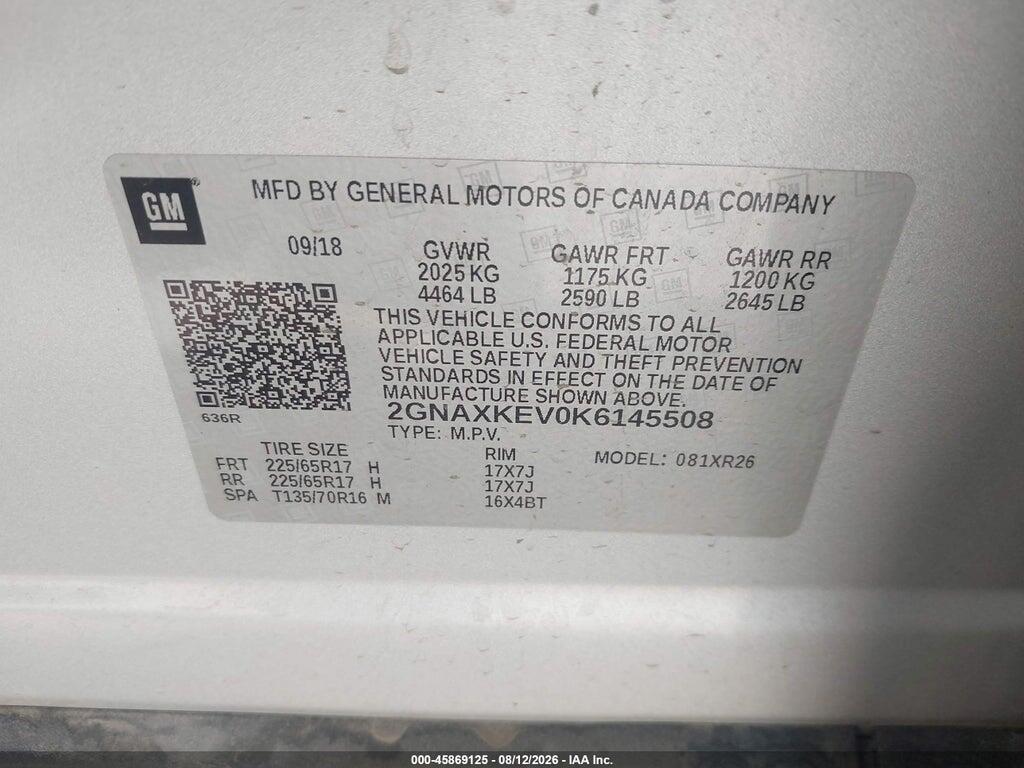 2GNAXKEV0K6145508 2019 CHEVROLET EQUINOX photo no. 9