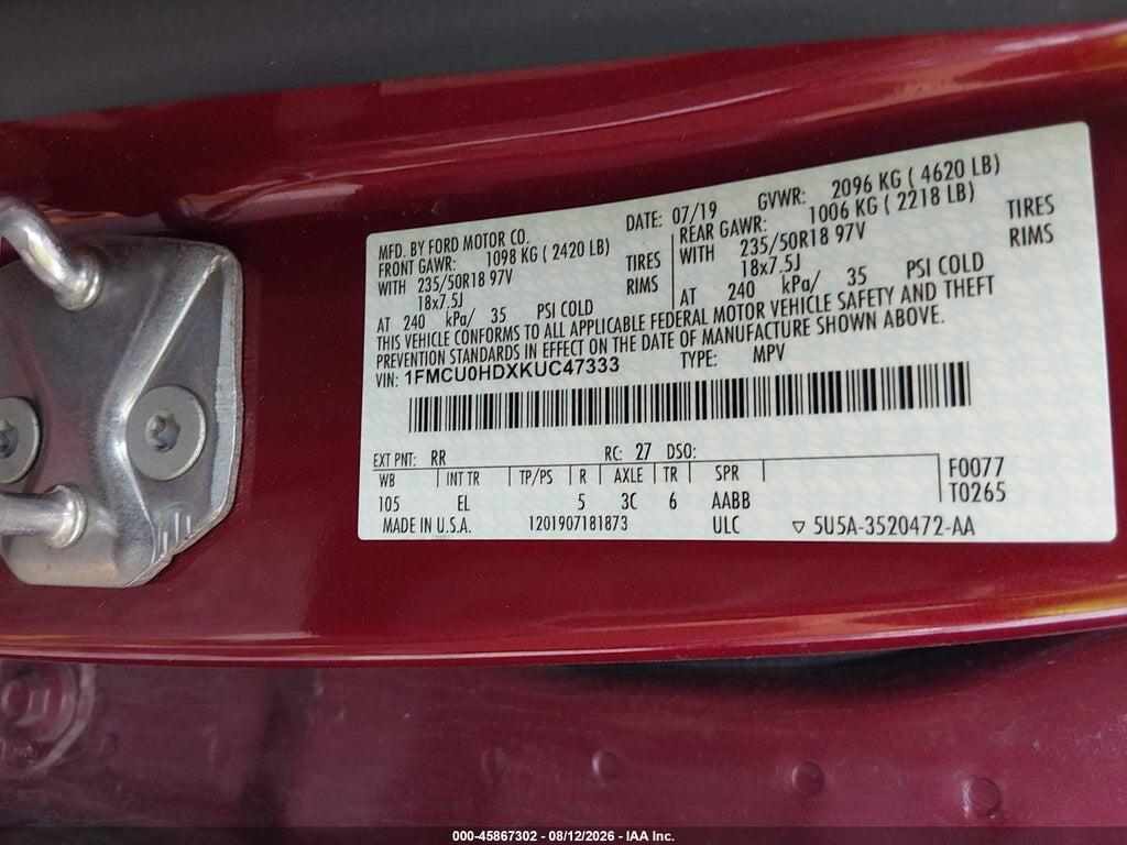 1FMCU0HDXKUC47333 2019 FORD ESCAPE photo no. 9