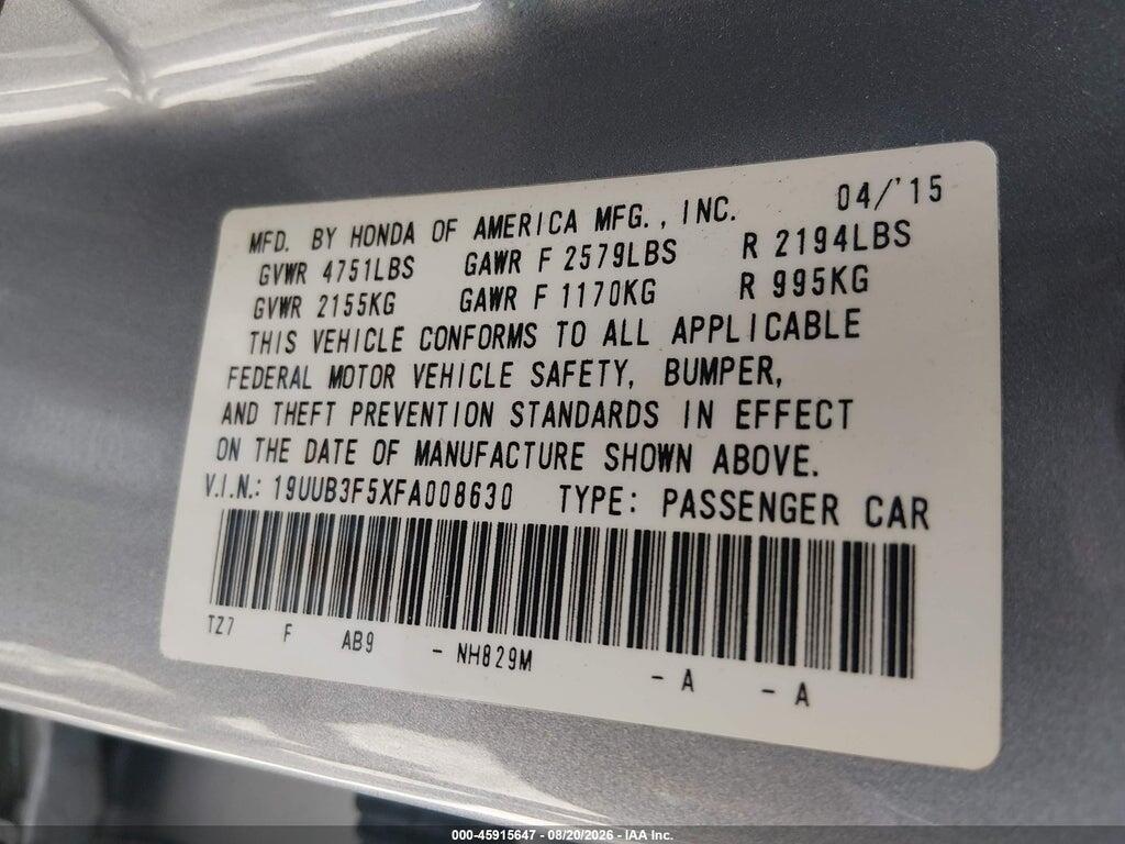 19UUB3F5XFA008630 2015 ACURA TLX photo no. 9