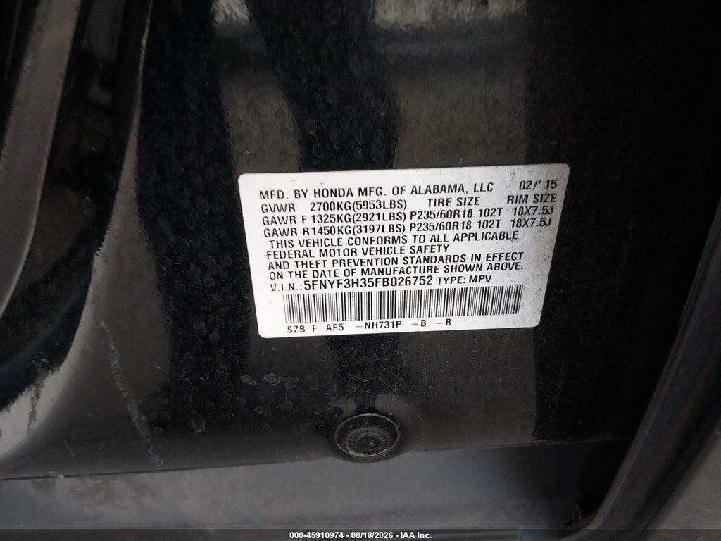 5FNYF3H35FB026752 2015 HONDA PILOT photo no. 9