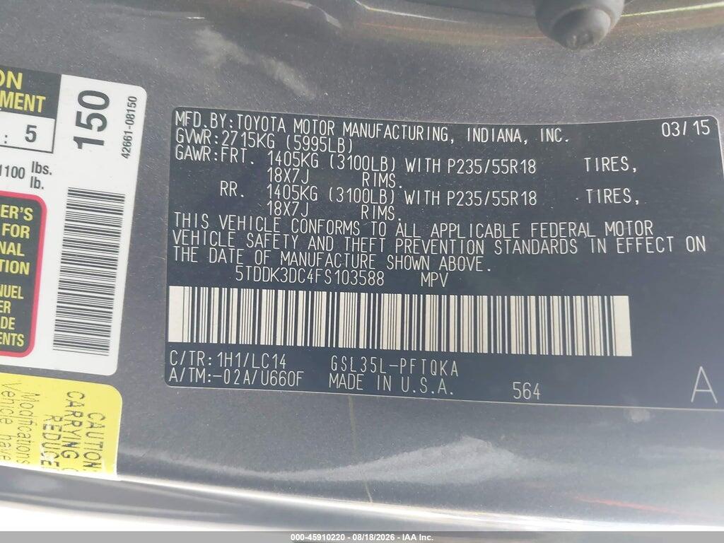 5TDDK3DC4FS103588 2015 TOYOTA SIENNA photo no. 9