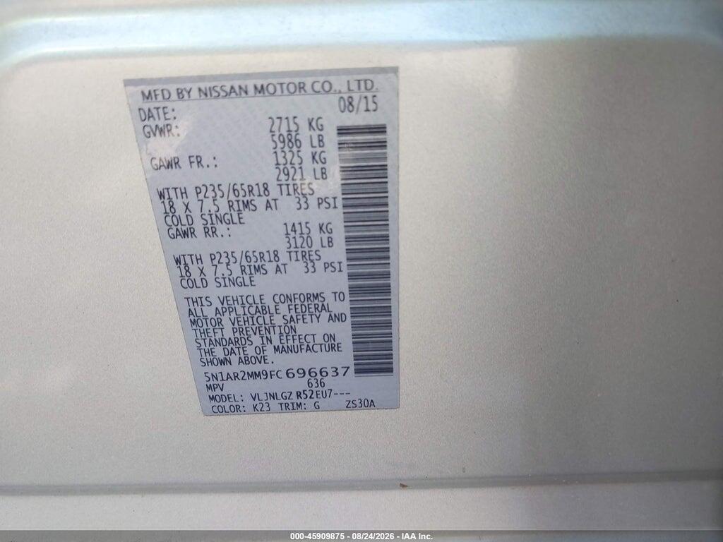 5N1AR2MM9FC696637 2015 NISSAN PATHFINDER photo no. 9