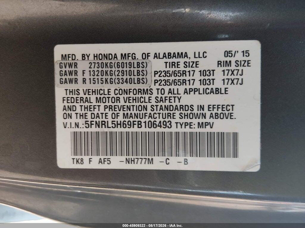 5FNRL5H69FB106493 2015 HONDA ODYSSEY photo no. 9