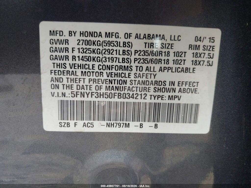 5FNYF3H50FB034212 2015 HONDA PILOT photo no. 9