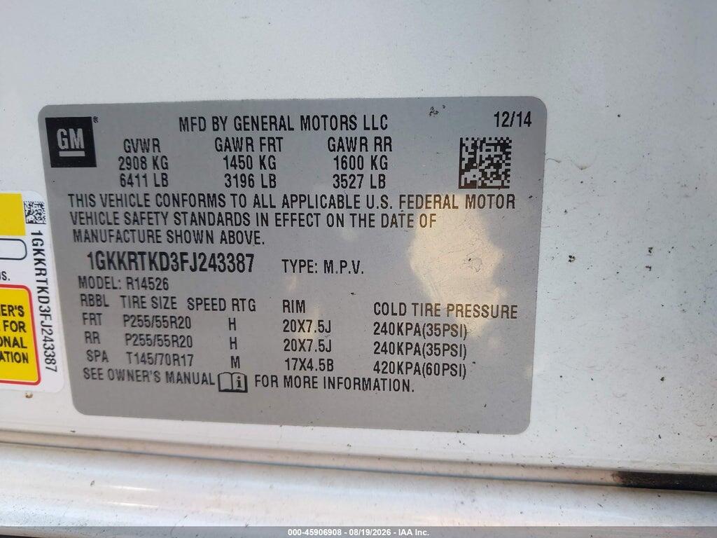 1GKKRTKD3FJ243387 2015 GMC ACADIA photo no. 9