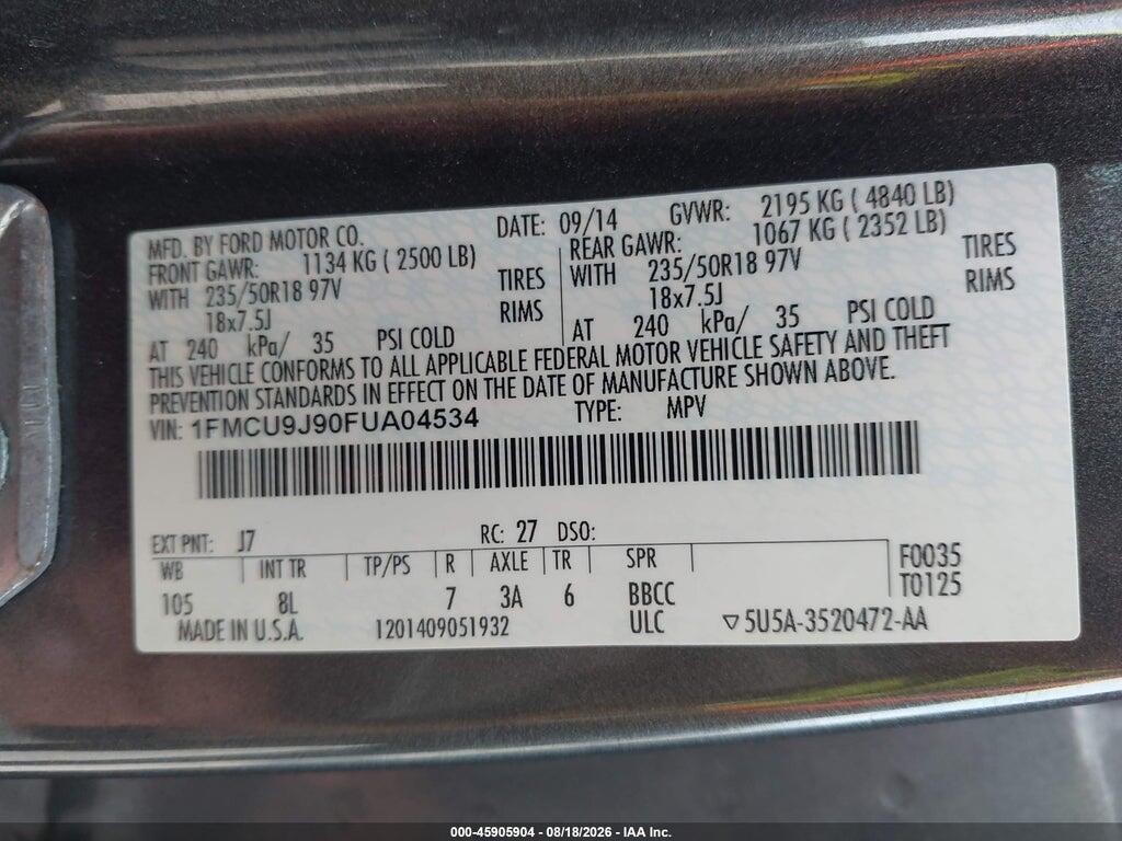 1FMCU9J90FUA04534 2015 FORD ESCAPE photo no. 9
