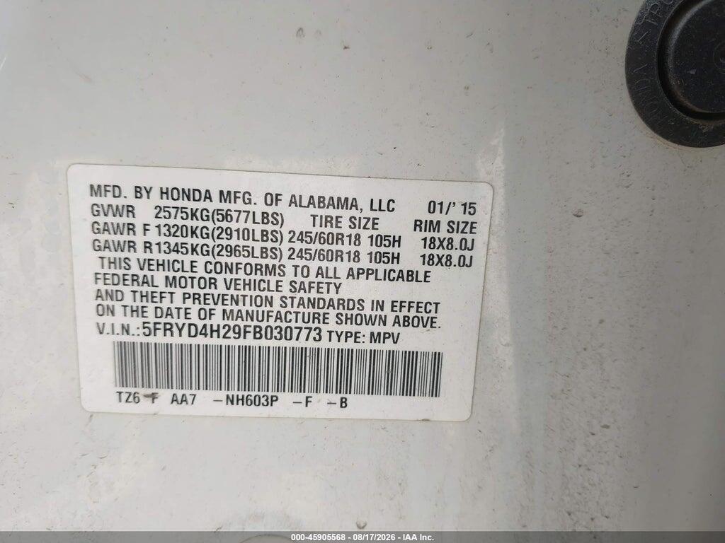 5FRYD4H29FB030773 2015 ACURA MDX photo no. 9