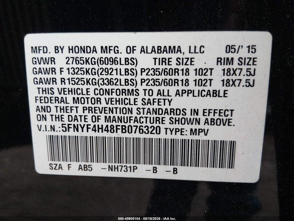 5FNYF4H48FB076320 2015 HONDA PILOT photo no. 9