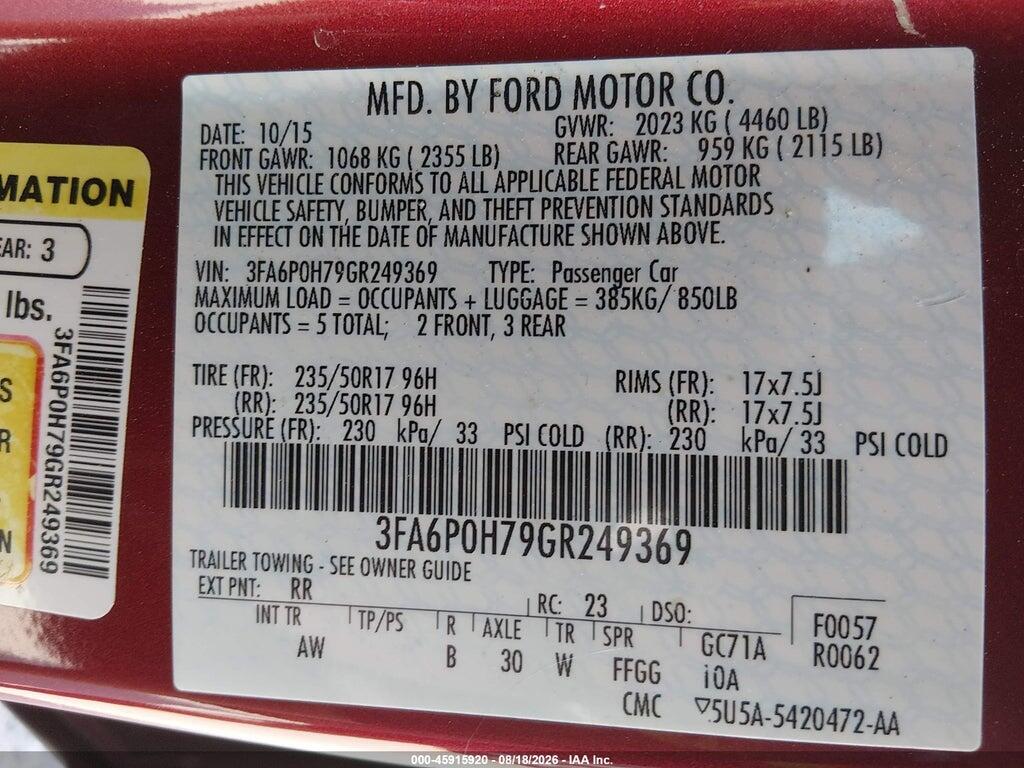 3FA6P0H79GR249369 2016 FORD FUSION photo no. 9