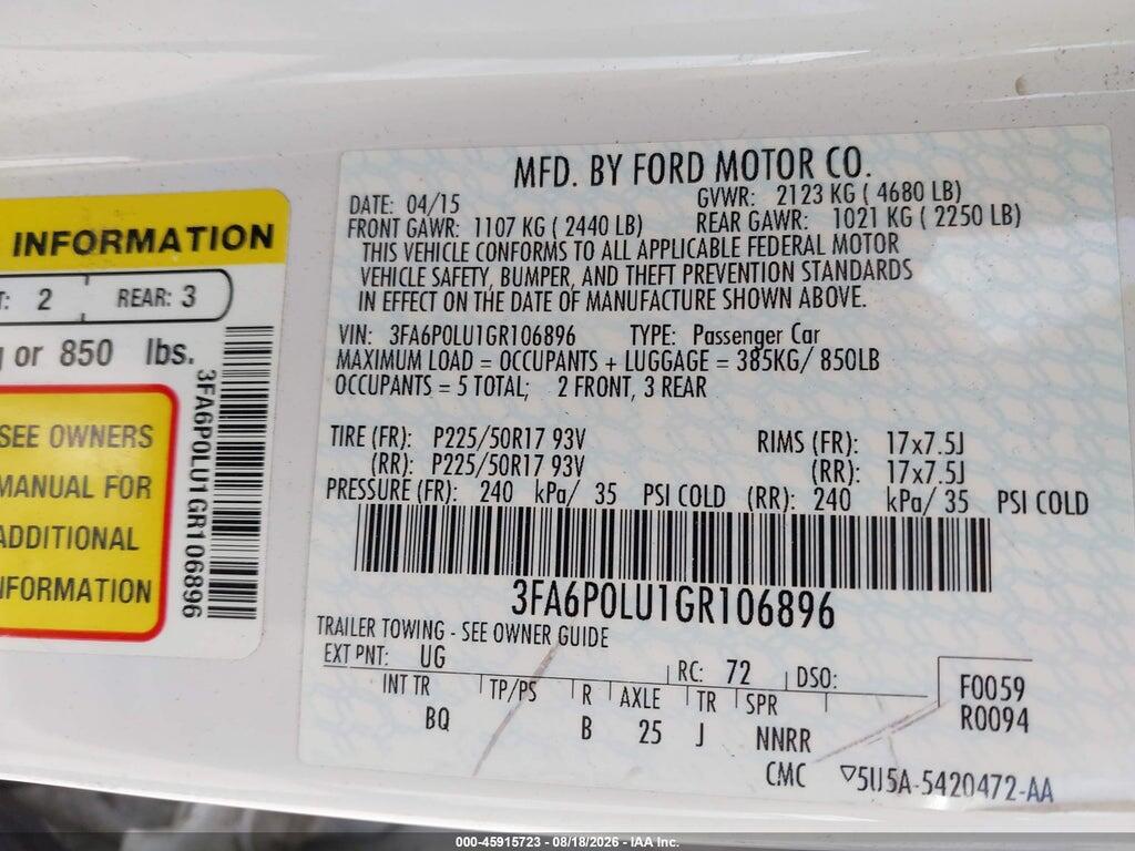 3FA6P0LU1GR106896 2016 FORD FUSION HYBRID photo no. 9