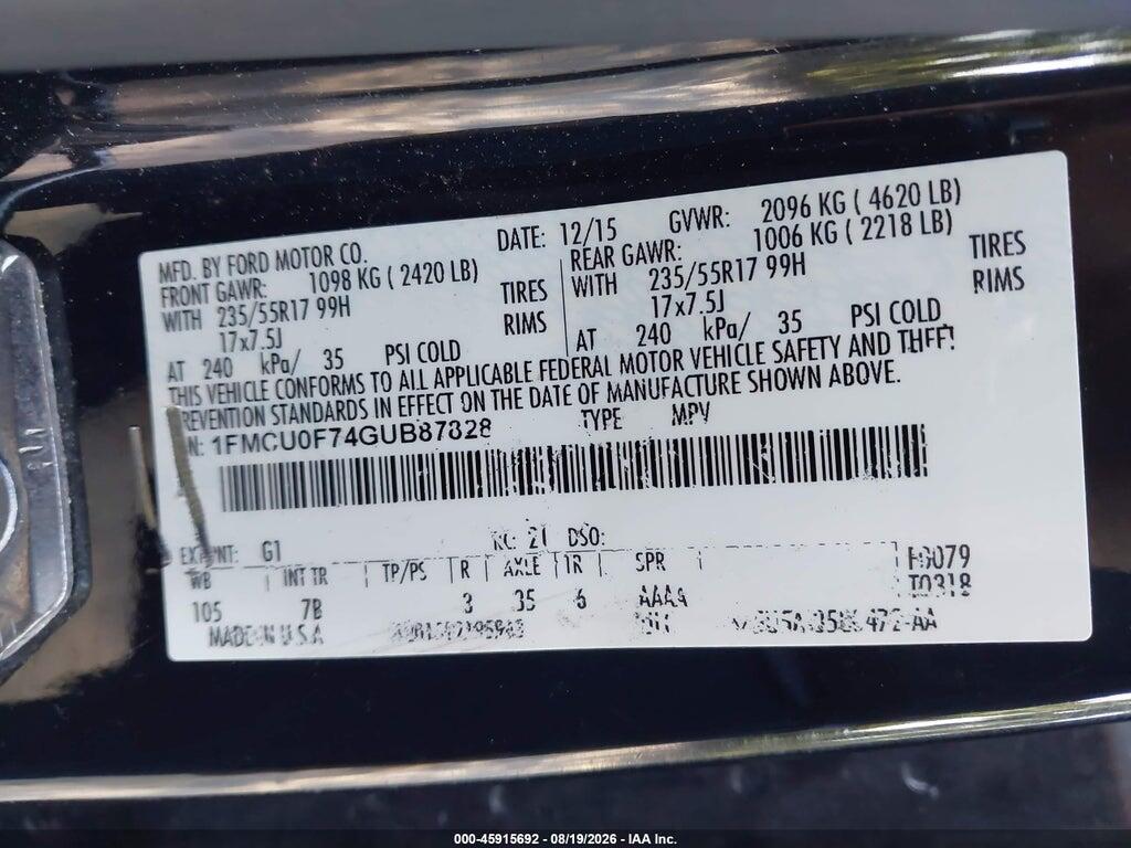 1FMCU0F74GUB87828 2016 FORD ESCAPE photo no. 9