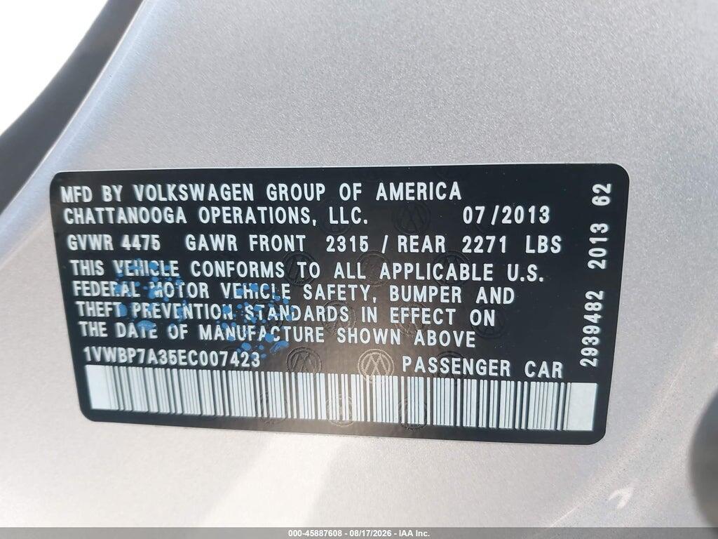 1VWBP7A35EC007423 2014 VOLKSWAGEN PASSAT photo no. 9