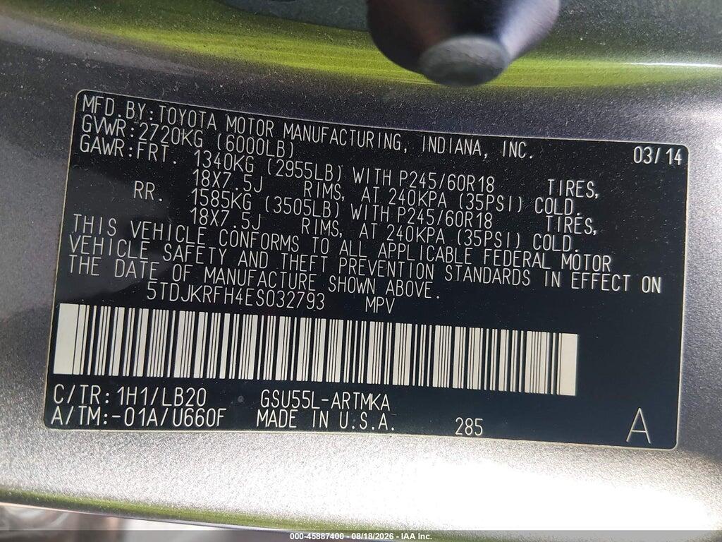 5TDJKRFH4ES032793 2014 TOYOTA HIGHLANDER photo no. 9