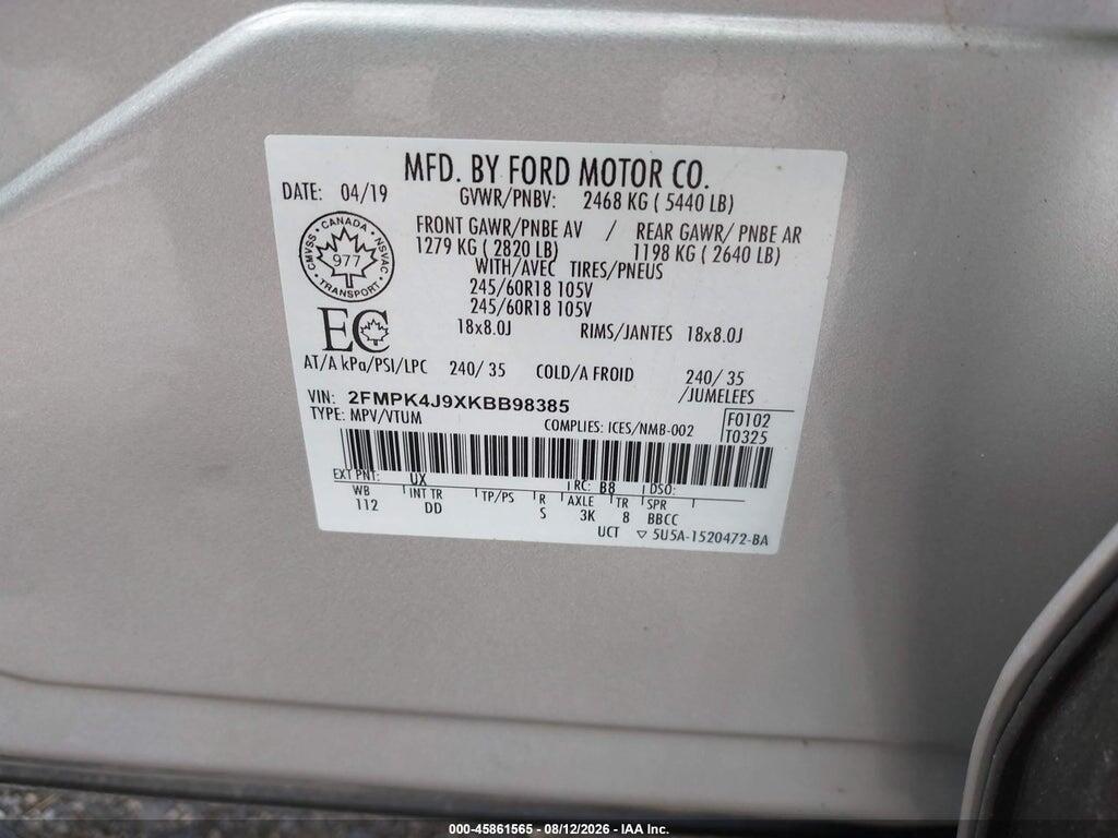 2FMPK4J9XKBB98385 2019 FORD EDGE photo no. 9
