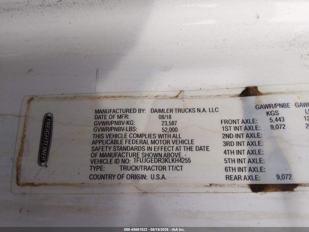 1FUJGEDR3KLKH4255 2019 FREIGHTLINER CASCADIA 125 photo no. 4